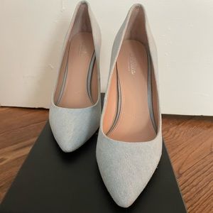 Light blue denim heels.